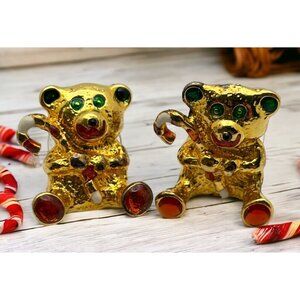 Christmas Teddy Bear Earrings Candy Canes Vintage Gold Tone Studs
